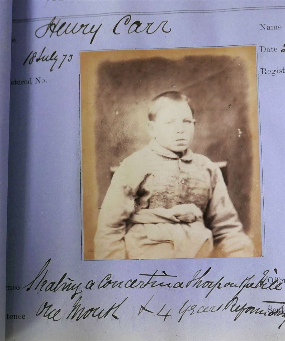 A mugshot of a younger inmate. Photo courtesy of Batemans Auctioneers of Stamford.