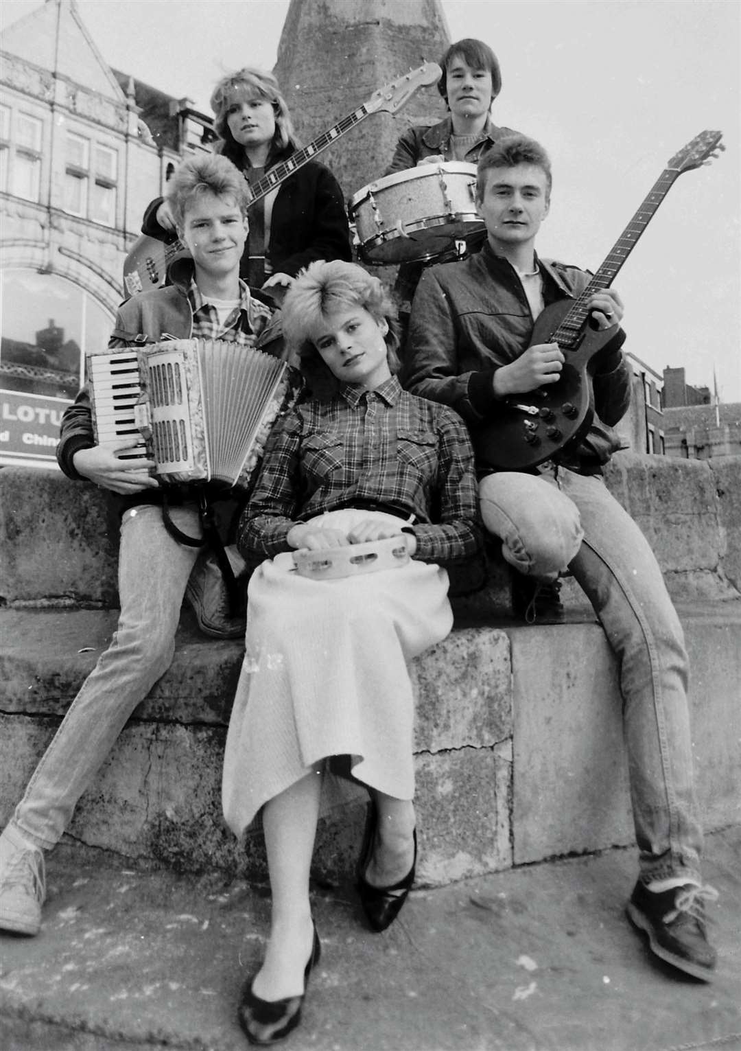 The Six at the Market Cross. From left, back - Bridget Chapple and Reuben Bellamy; Front - Stuart Wood, Diana Katz and George Clifton.