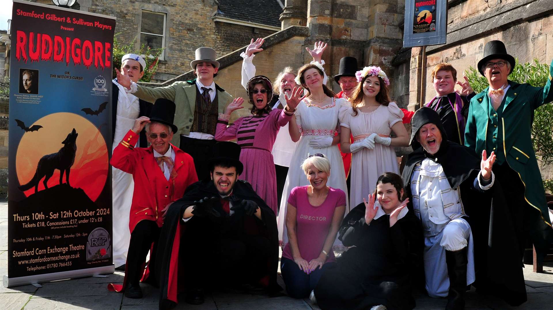 The cast of Ruddigore with Stamford Gilbert and Sullivan Players director Ruth Palmer