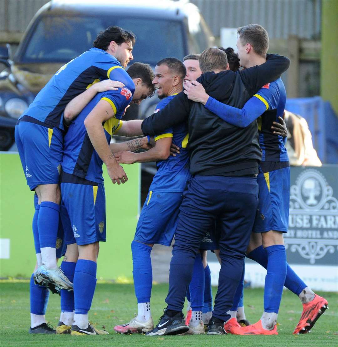Spalding celebrate their second goal. Photo: Chris Lowndes