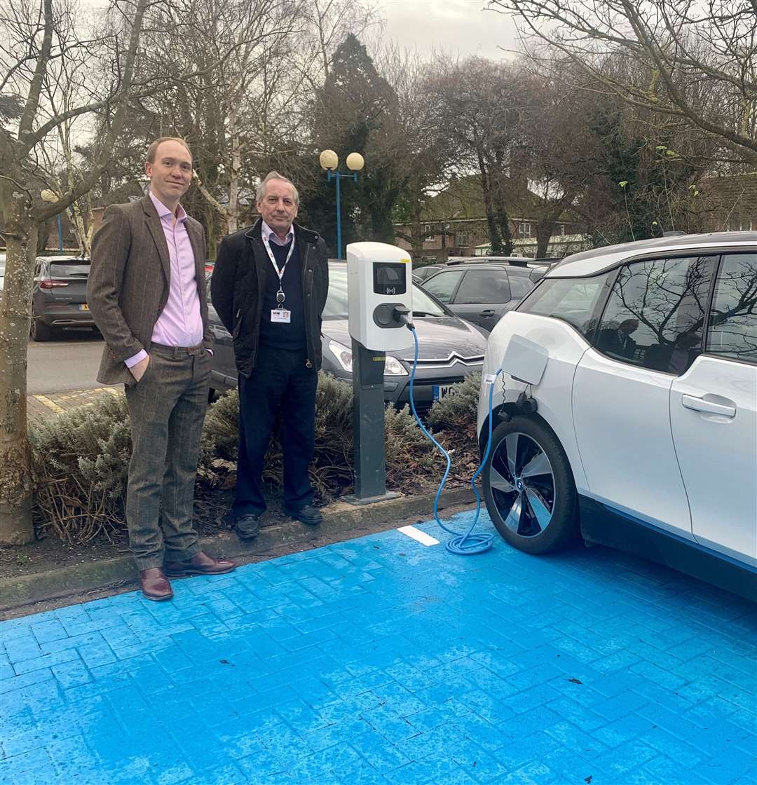 Councillor Anthony Casson, South Holland District Council; Sam Illsley, Vattenfall with one of the new charging points at Priory Road. (26381736)