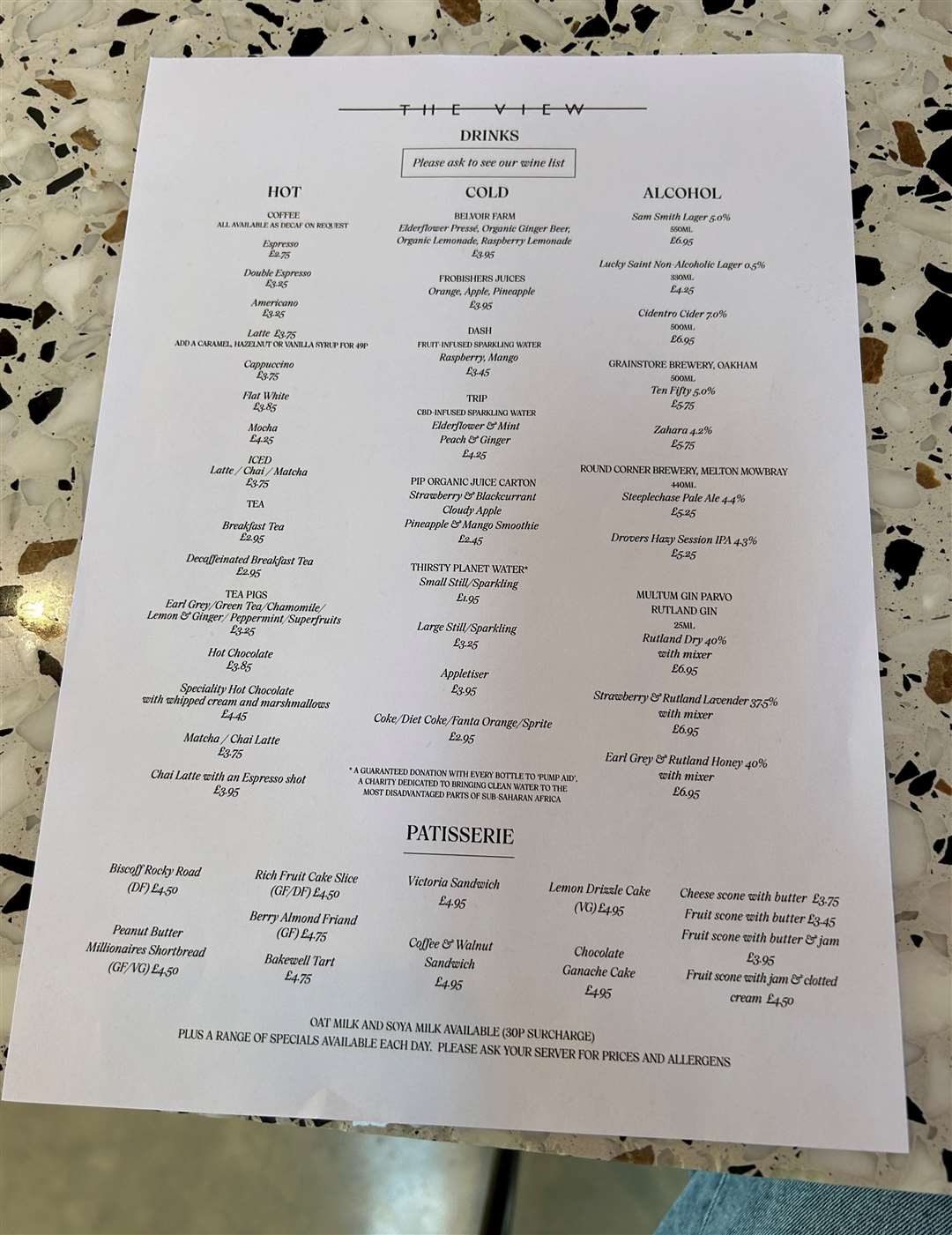 The drinks menu