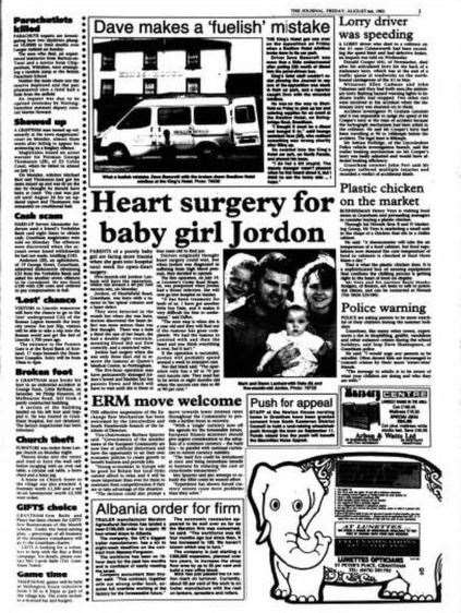 Jordan's story was featured in the Grantham Journal in 1993. | Image: Supplied