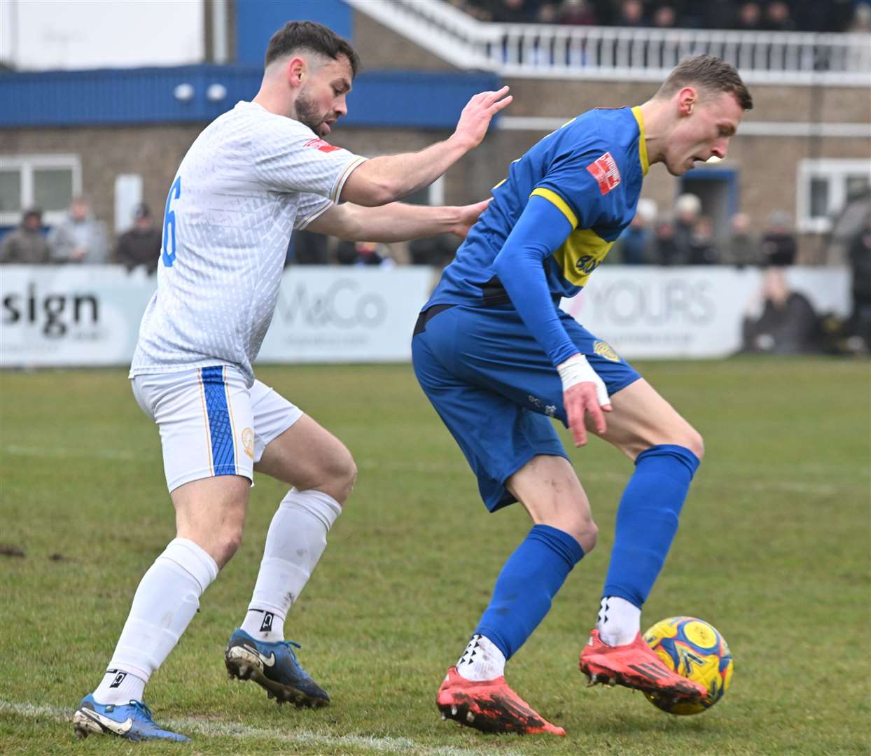 Football action from Spalding United v Halesowen at the Sir Halley Stewart Field