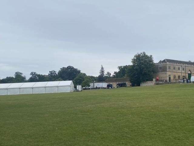Television crews setting up for filming The Crown at Burghley House