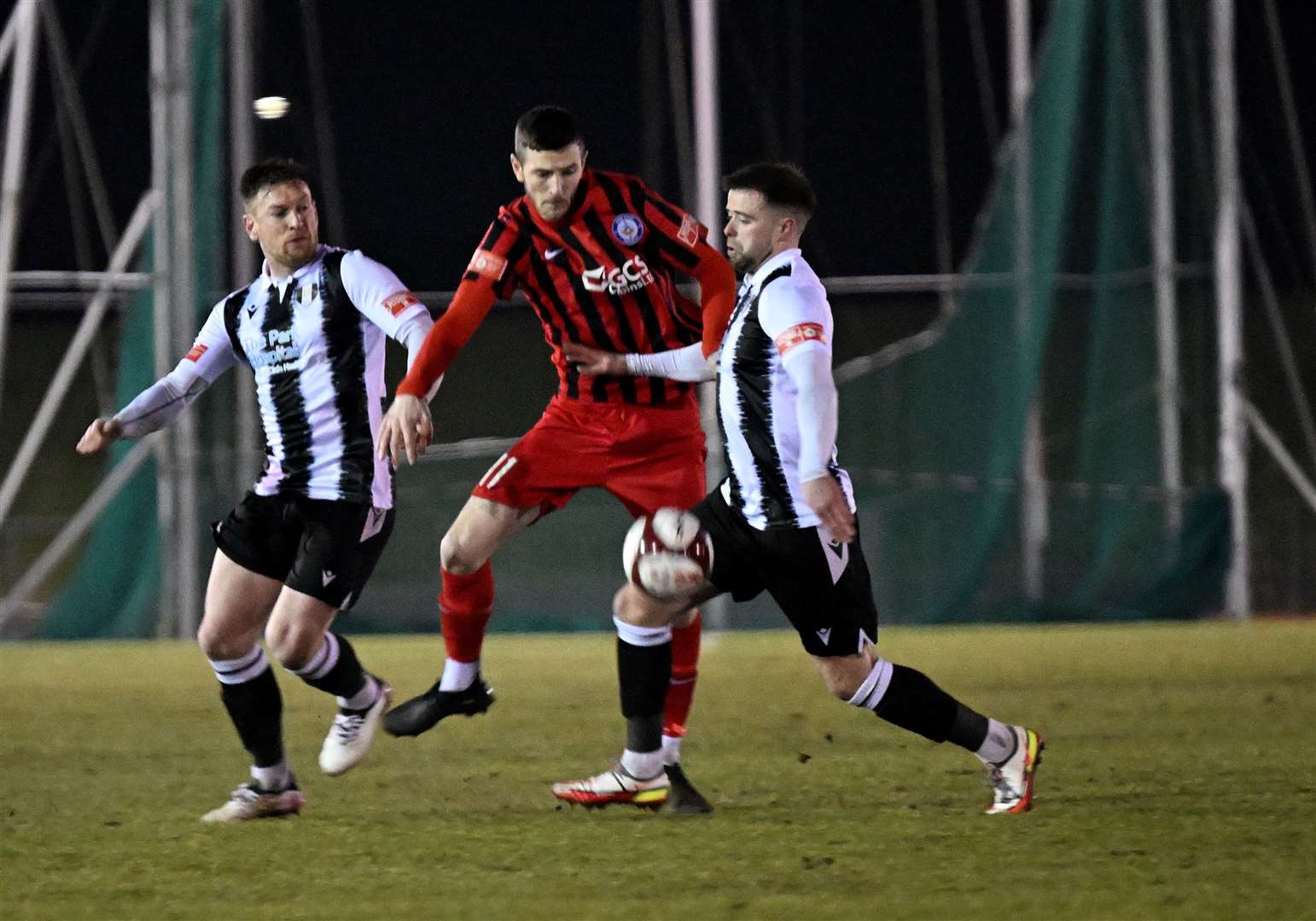 Lee Shaw on the ball for Town with Matt Tootle in support at The Meres on Tuesday. Photo: Toby Roberts