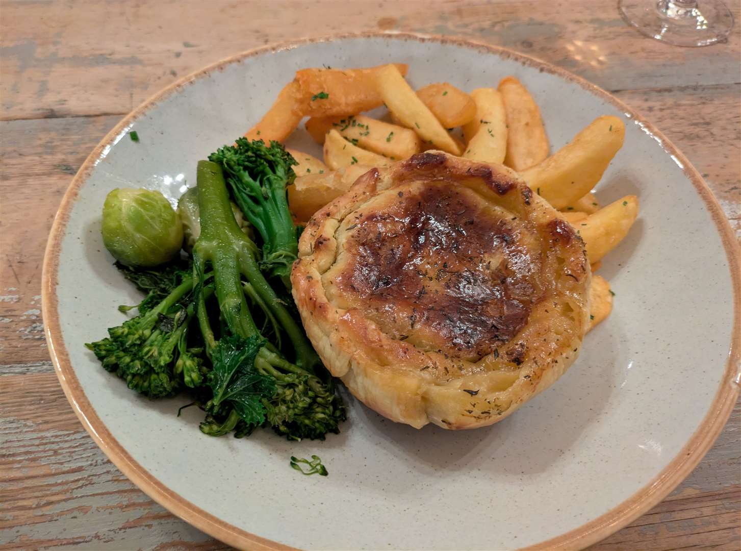 The chicken and tarragon pie with beef dripping chips.