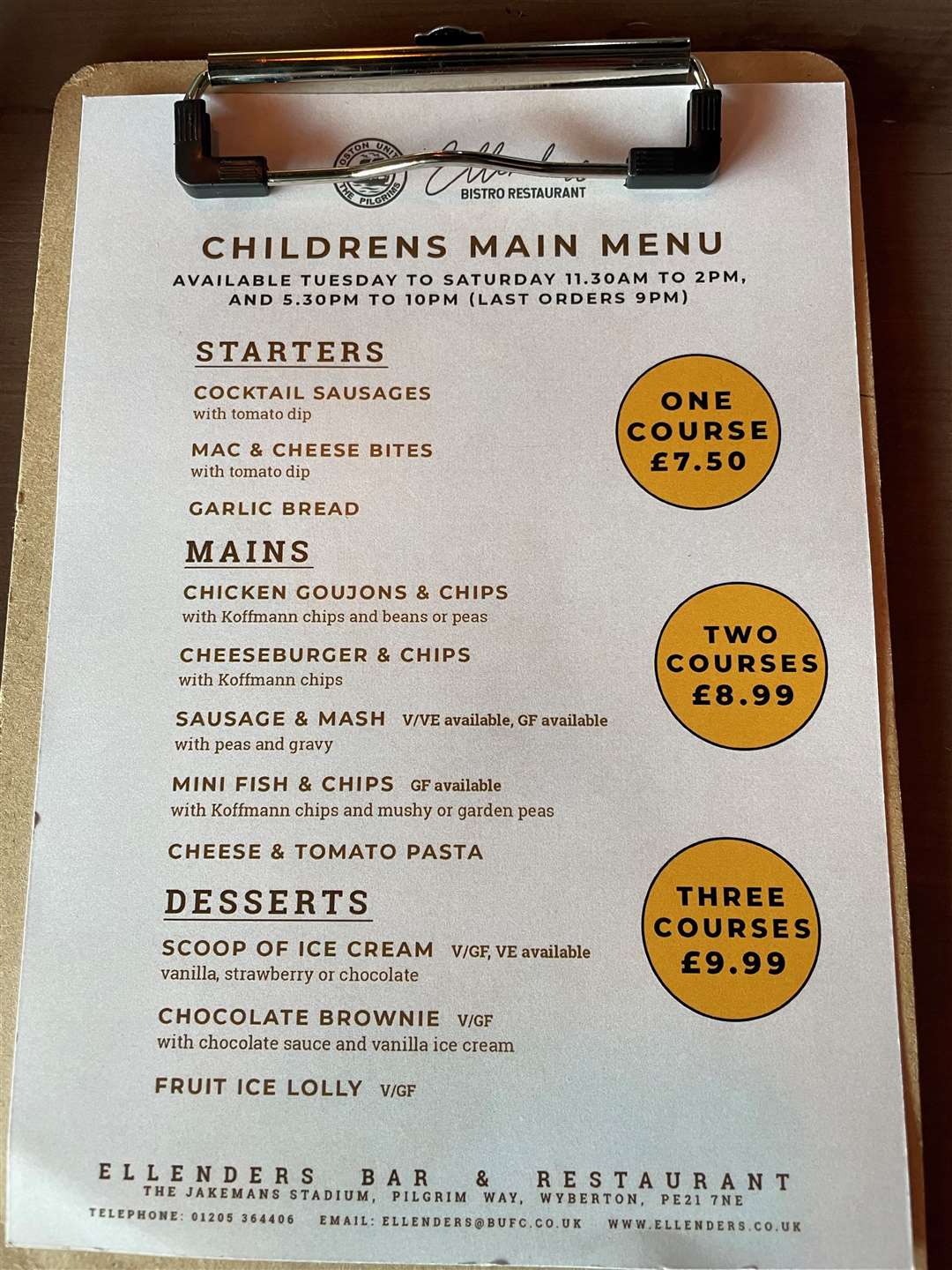 The kids' menu