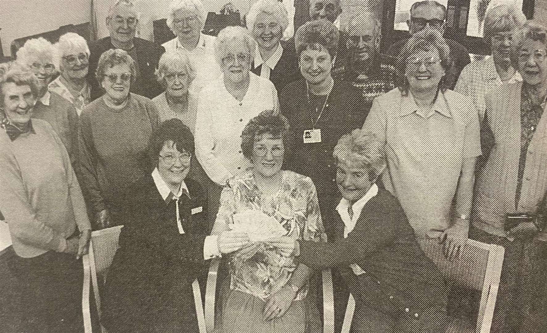 Organiser Val Dawson and the fundraisers hand over the money to Stamford Hospital's manager Pat Friend and Wendy Bass from the Alzheimer's Society 25 years ago.