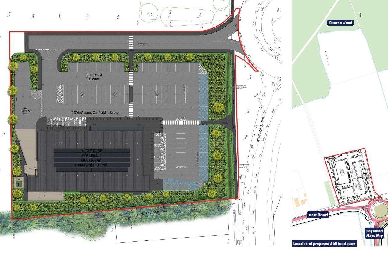 The location and layout of the proposed Aldi store in West Road, Bourne