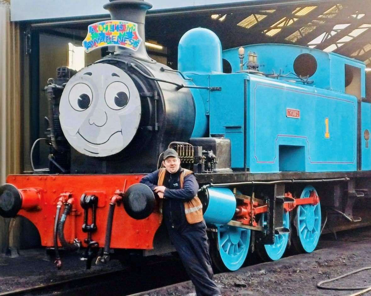James Rollo with Thomas, ready for an autism awareness event at Nene Valley Railway