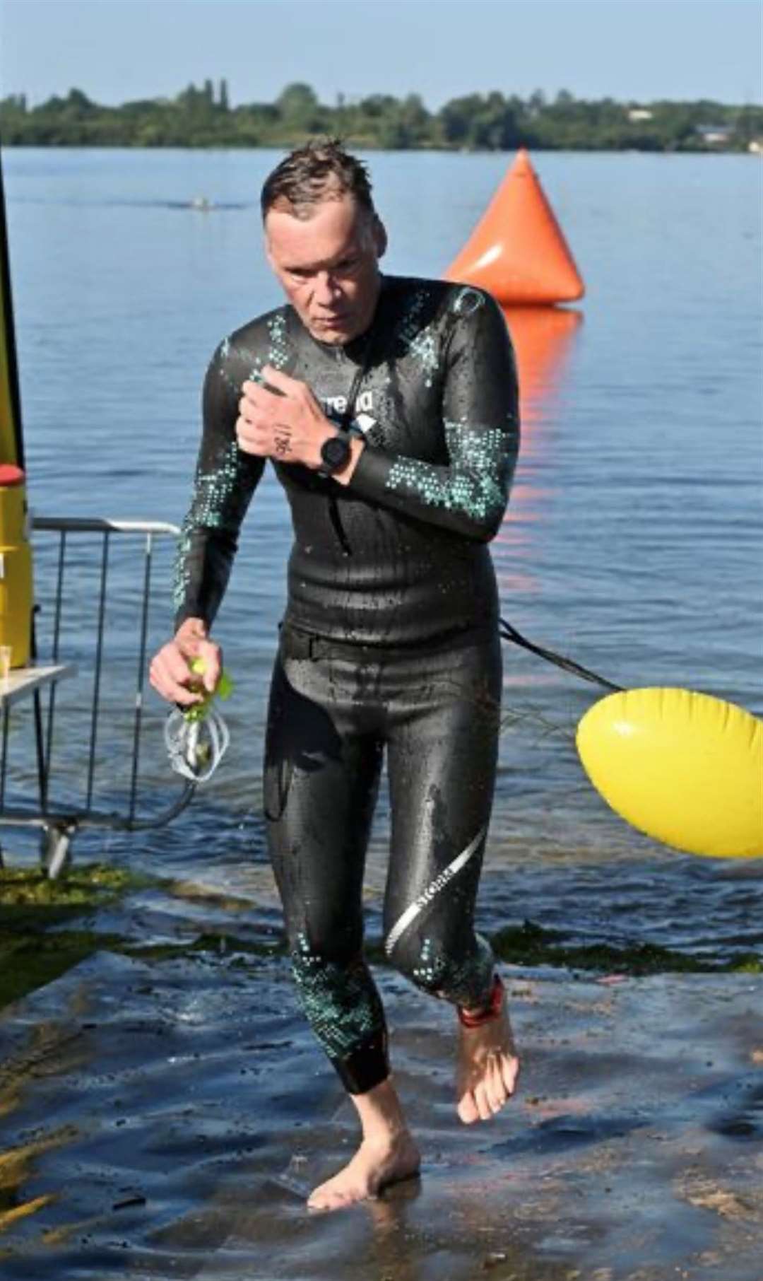 Mark Fear finishing his marathon 5k swim.
