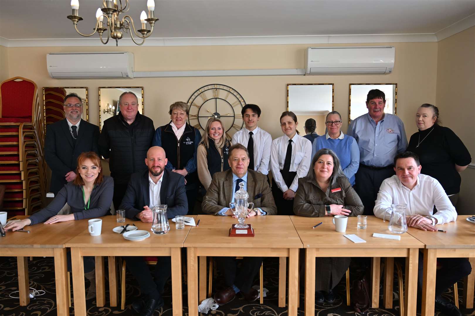 The judges are joined by Cley Hall Hotel’s Gemma Williams, waiters Alexandra Pelley and Matt Smith and some of the entrants. Photo: David Lowndes