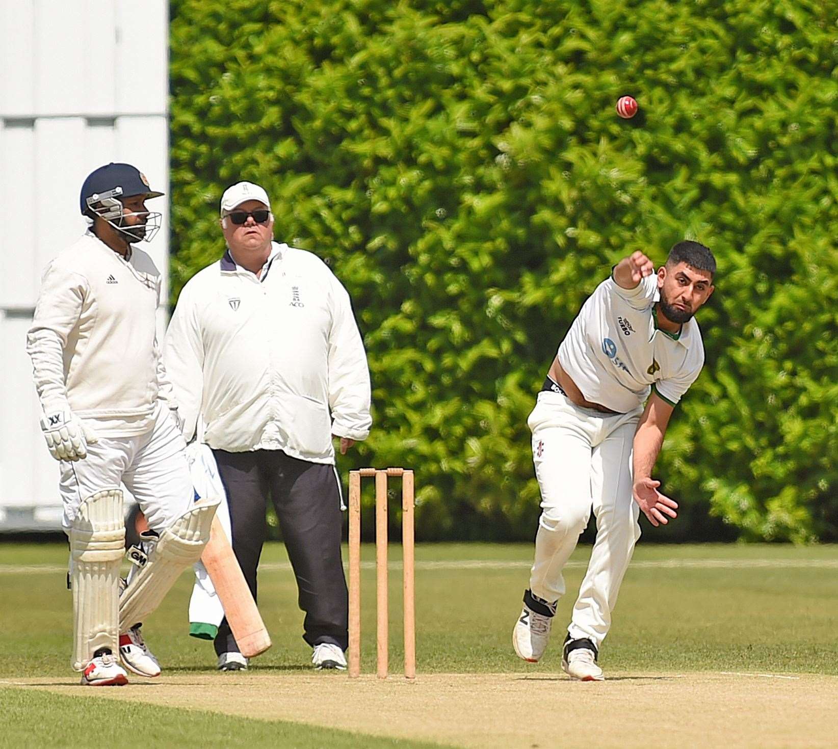 Atif Sheikh bowling for Grantham’s first team on Saturday. Photos: Toby Roberts