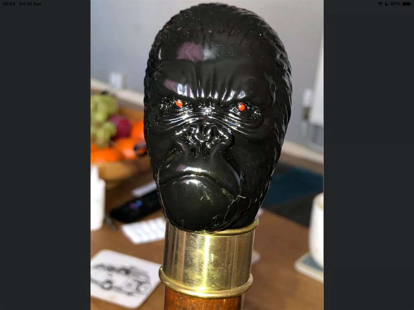 The gorilla top of one of Dean Ward's walking sticks. (56105757)