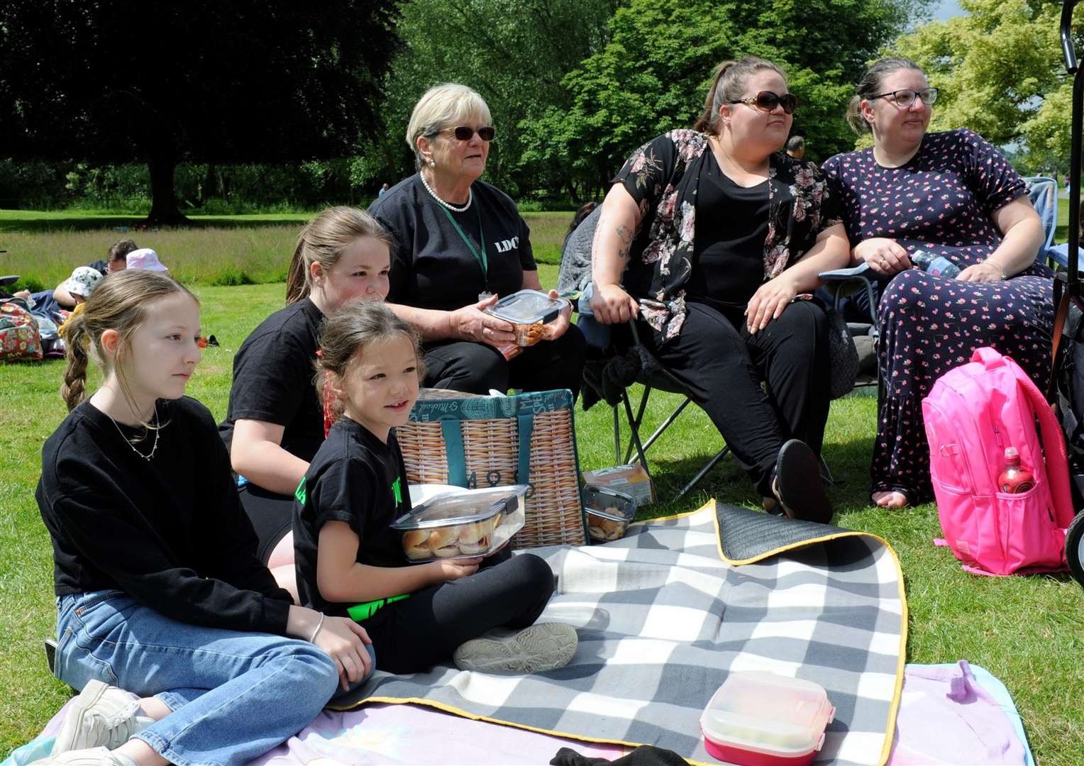 Isabella (6) and Emily Wilson (11), Lil-May Foster (11), Sue and Sarah Bell, and Rebecca Wilson enjoy a picnic in the park. Photo: Iliffe Media