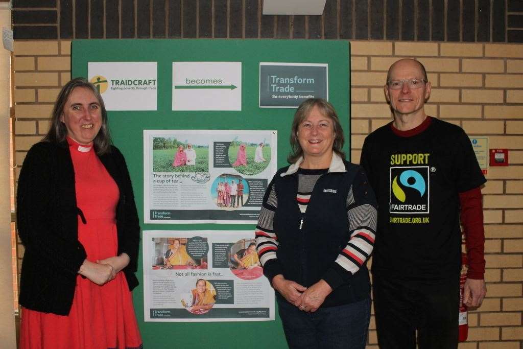 Marking Fairtrade Fortnight are Rev Bekkie Wright, Nadine Mackie and David Lewis, chairperson of Rutland Fairtrade Forum