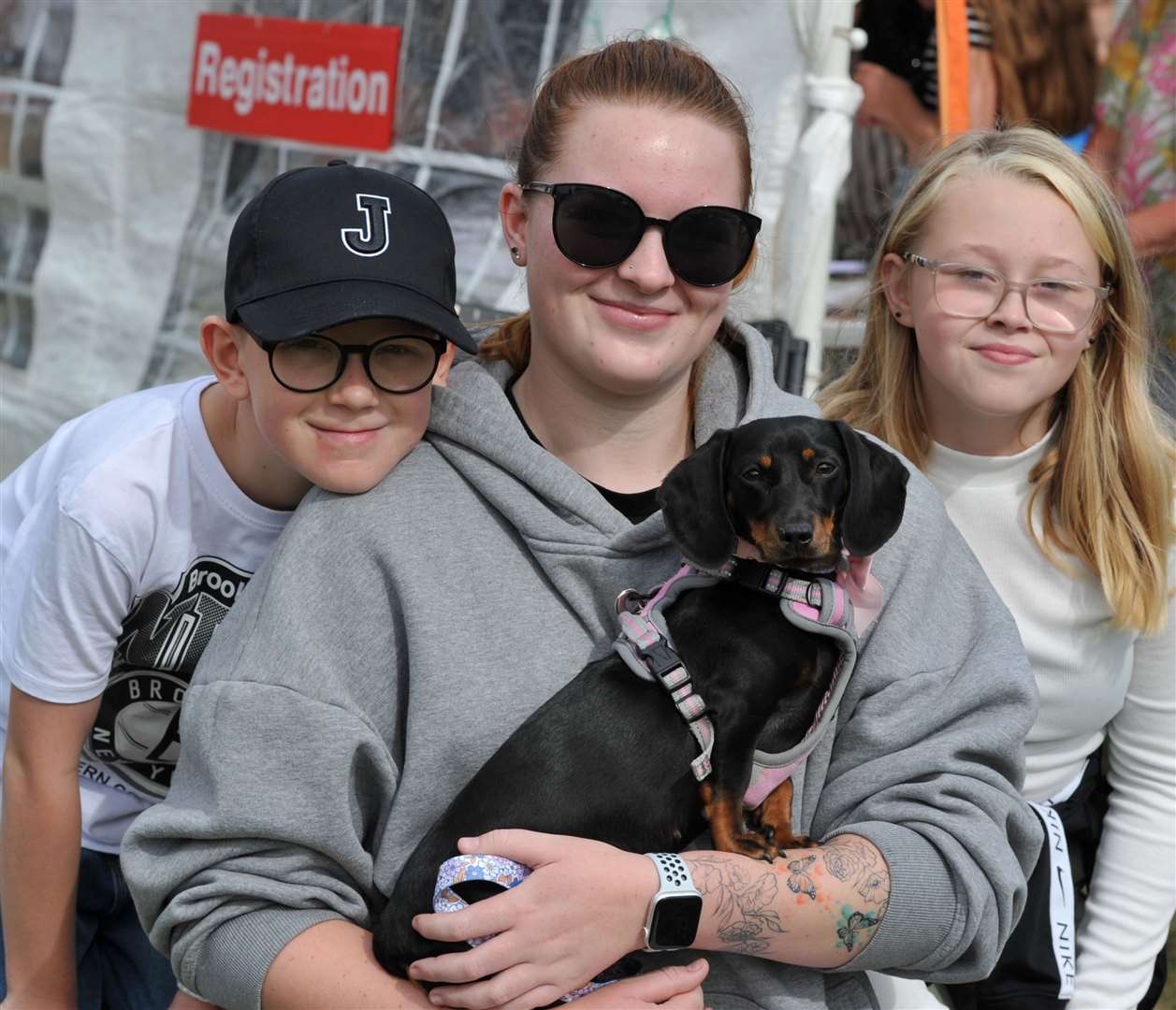 Jake Smalley, Elli Bush and Mia Wilmer with Pippa. Photo: Chris Lowndes