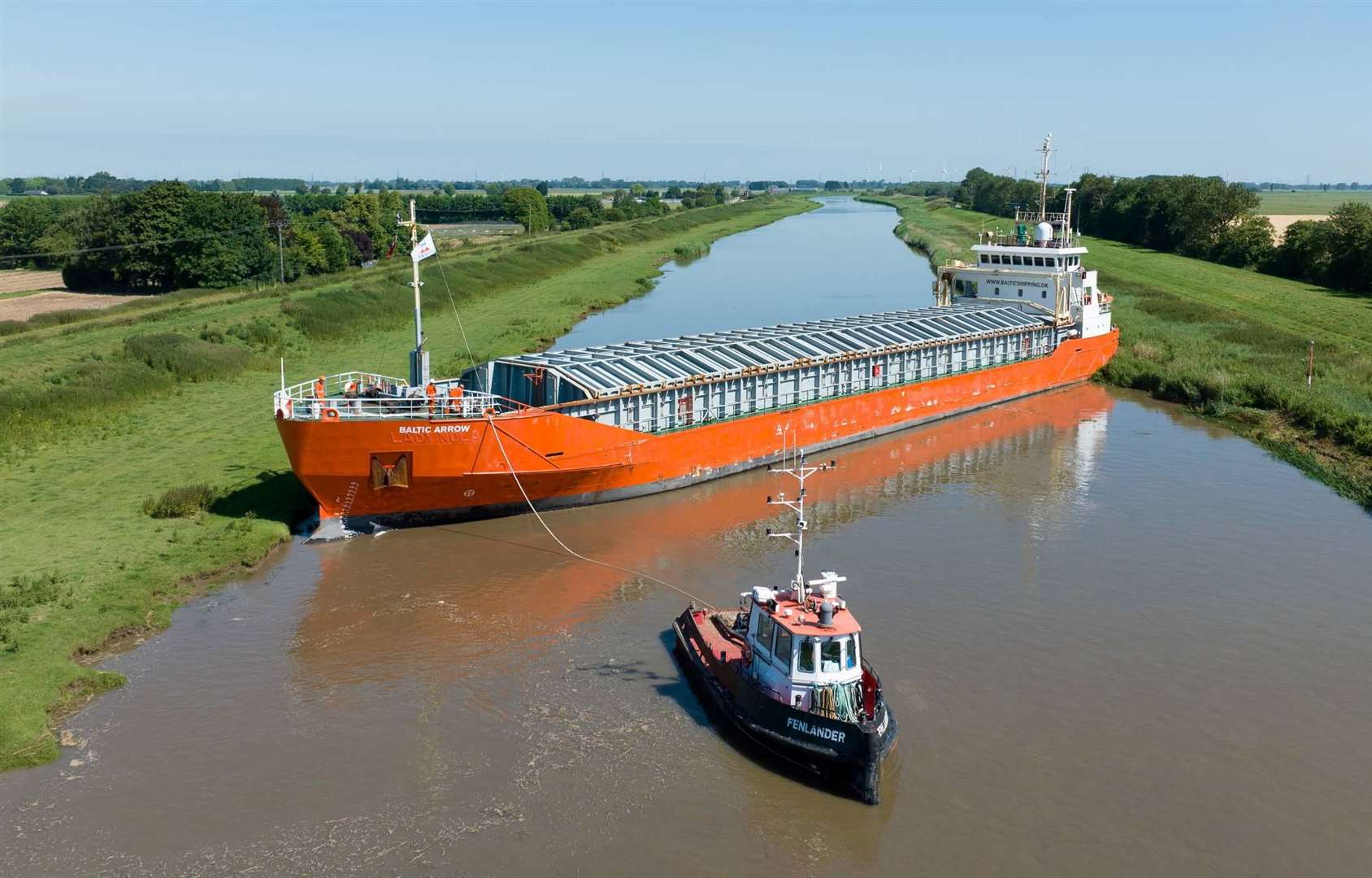 The Baltic Arrow was stuck in the River Nene in June. Picture: drone people