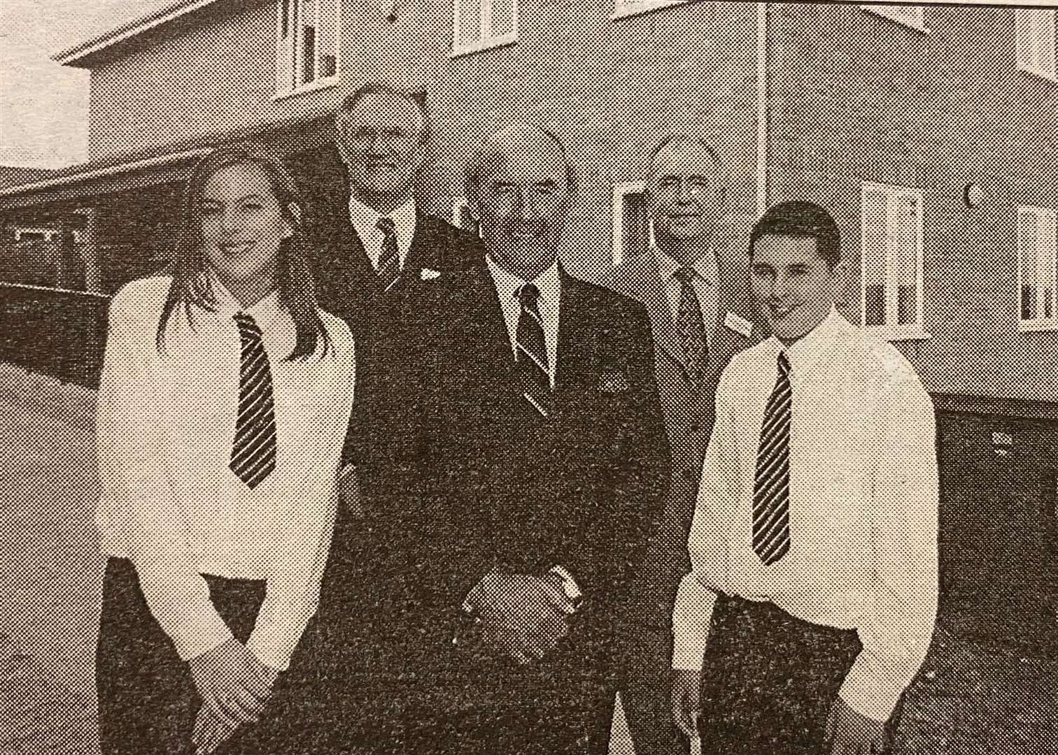 Charlotte Rayner, principal Richard Bird, Sir Jock Kennedy, vice chairman John Ainsoworth of governors and Adam Dale show off the new building 25 years ago.