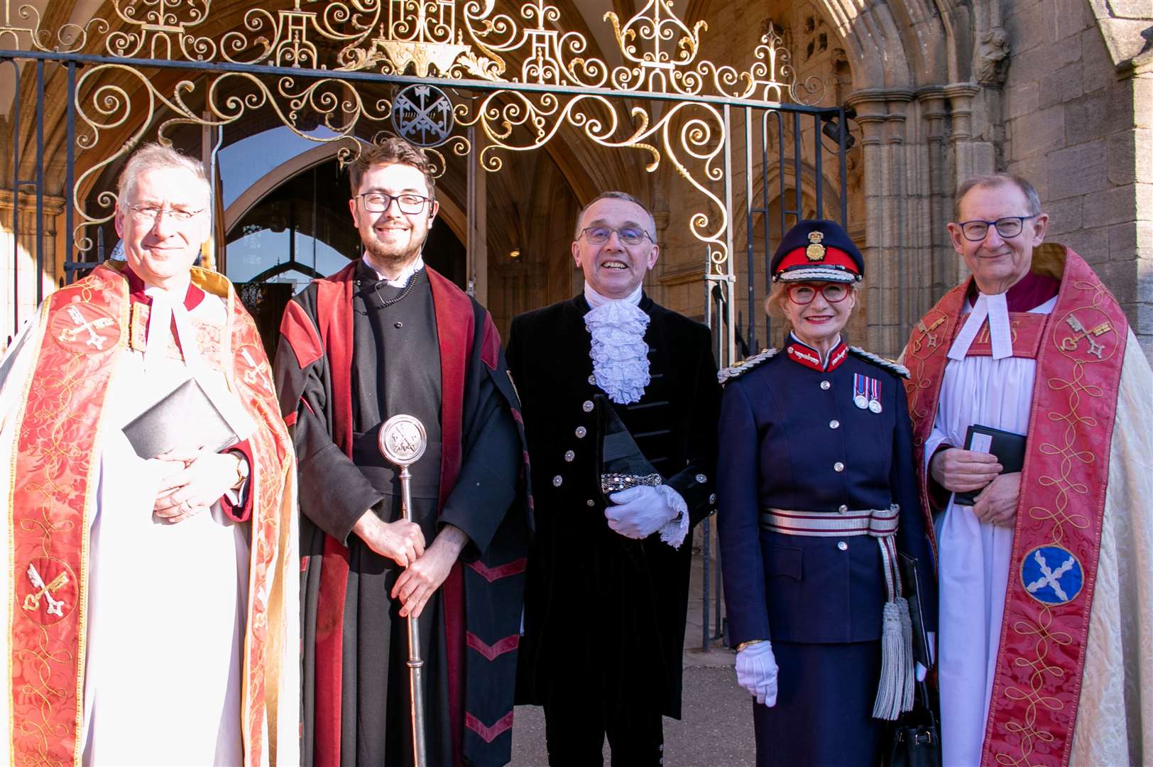 The Rev Canon Tim Alban Jones, Vice Dean, Ben Campey, Verger, Rutland High Sheriff Richard Cole, Lord Lieutenant Dr Sarah Furness and the Very Rev Christopher Dalliston, Dean of Peterborough. Photo: Clarke PR and Media