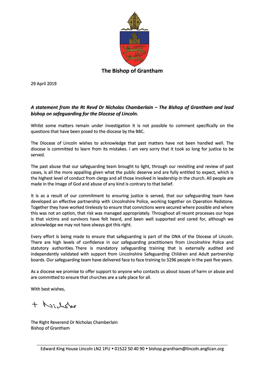 The statement from the Bishop of Grantham (9341500)
