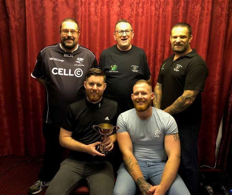 Scott Williams (bottom left) with Sean Trafford (top right) and Green Dragon teammates Andy Porter, Stuart Ewins and Jason Williams at the 2018 Pinchbeck Summer Darts League finals night. The Green Dragon were Division B winners