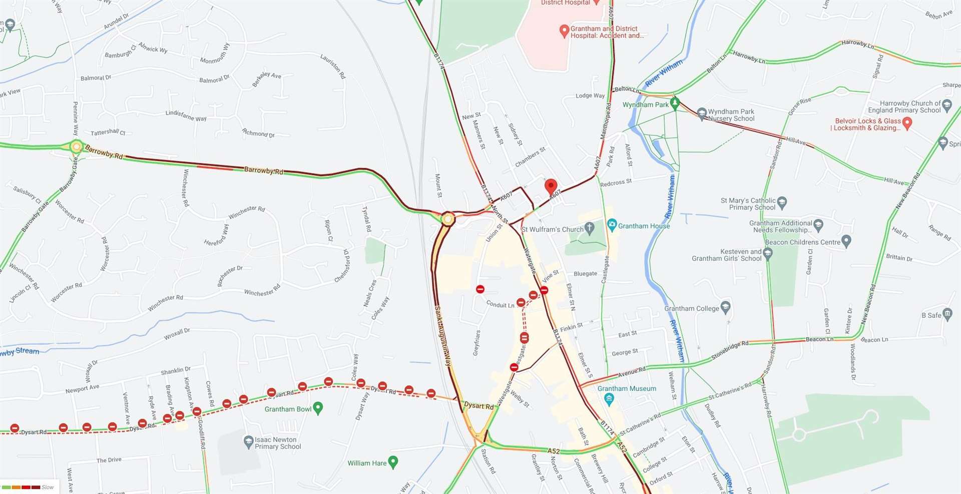 Traffic maps show heavy queues and delays in and out of the area from all sides. Image: AA Traffic News