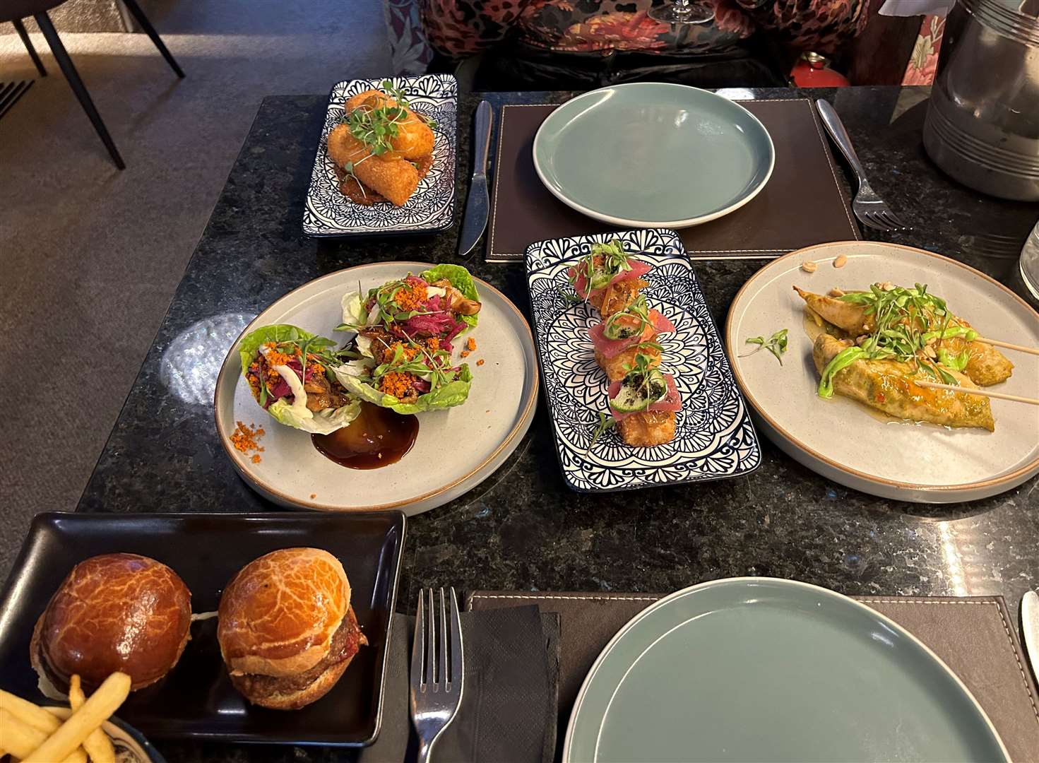 The six dishes filled up the table