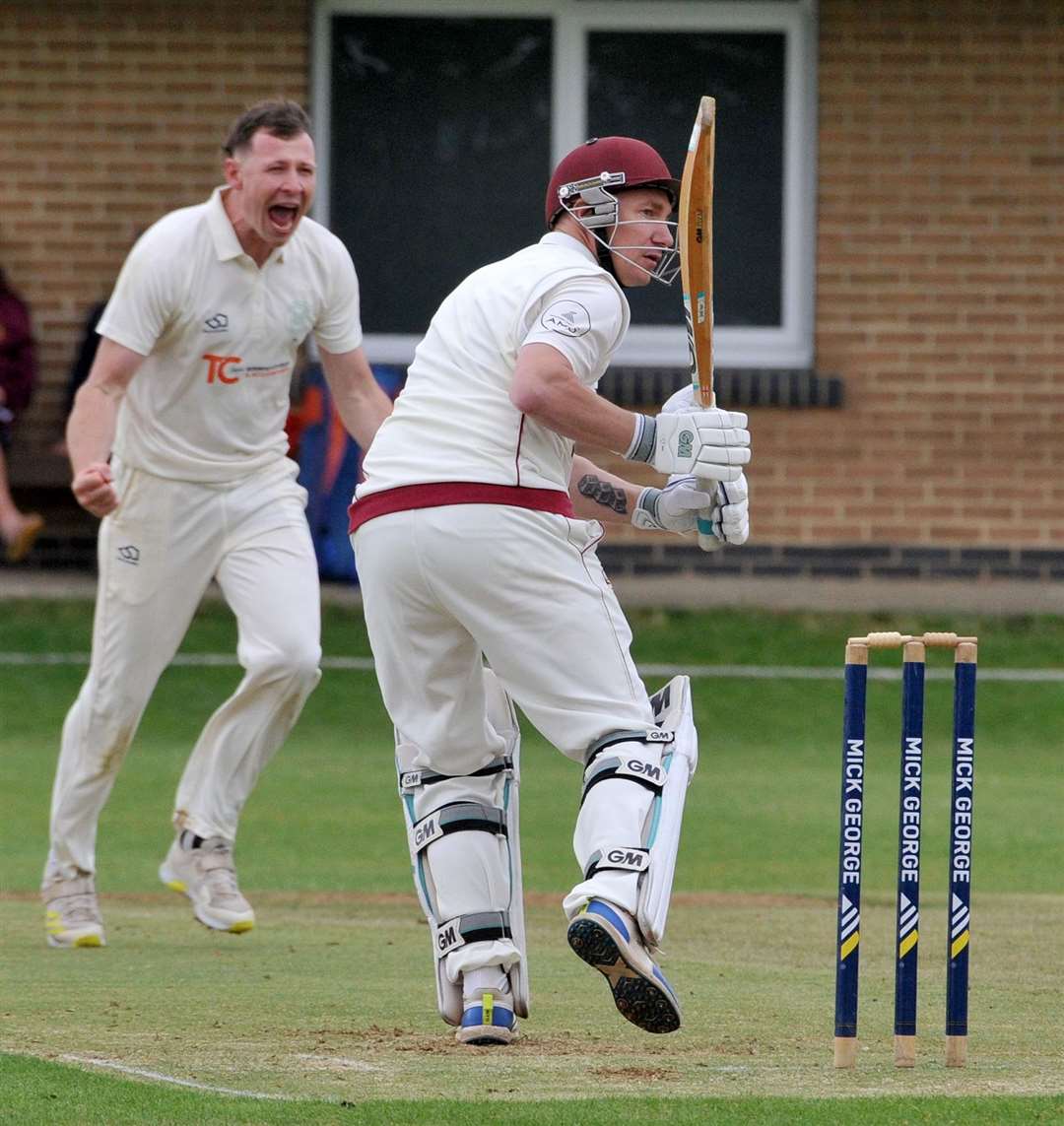 Tim Norris is caught by Connor Gillett off the bowling of Dan George. Photo: Chris Lowndes