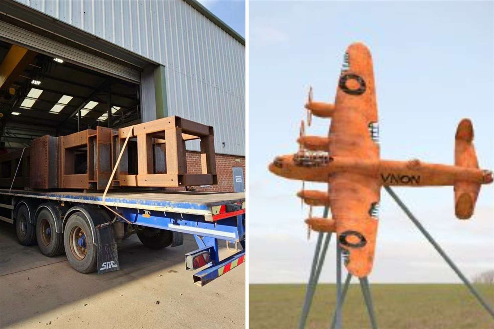 (Right) a section of the ‘On Freedom's Wings’ Lancaster steel frame in the fabrication workshop. (Left) an artist impression of the how the landmark will look once it is finished.
