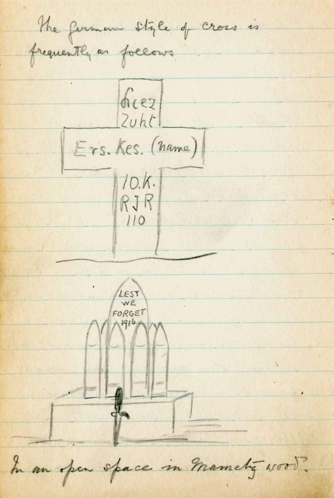 Illustrations of memorials made during his four months in the Somme Valley