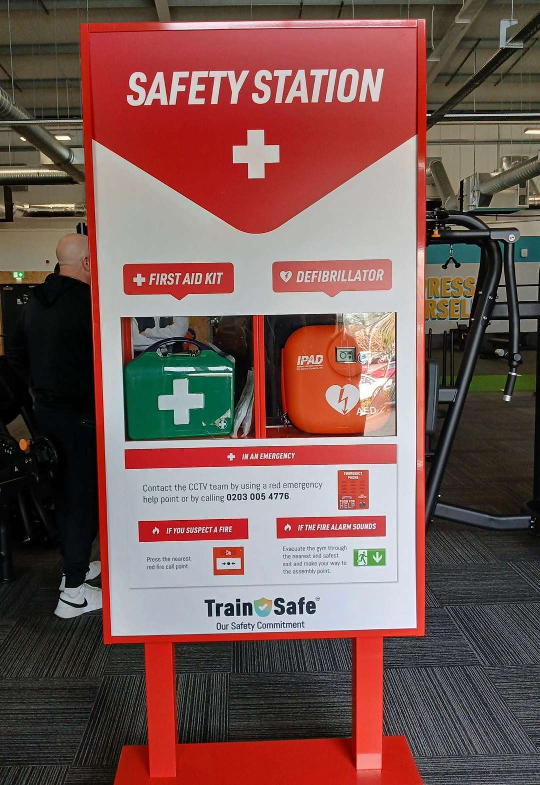 The safety station has first aid and an automated defibrillator