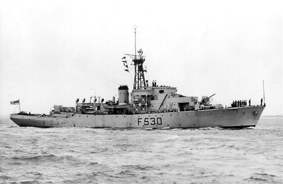 HMS Oakham Castle at sea while serving the Royal Navy. Photo: Flower Class Forum