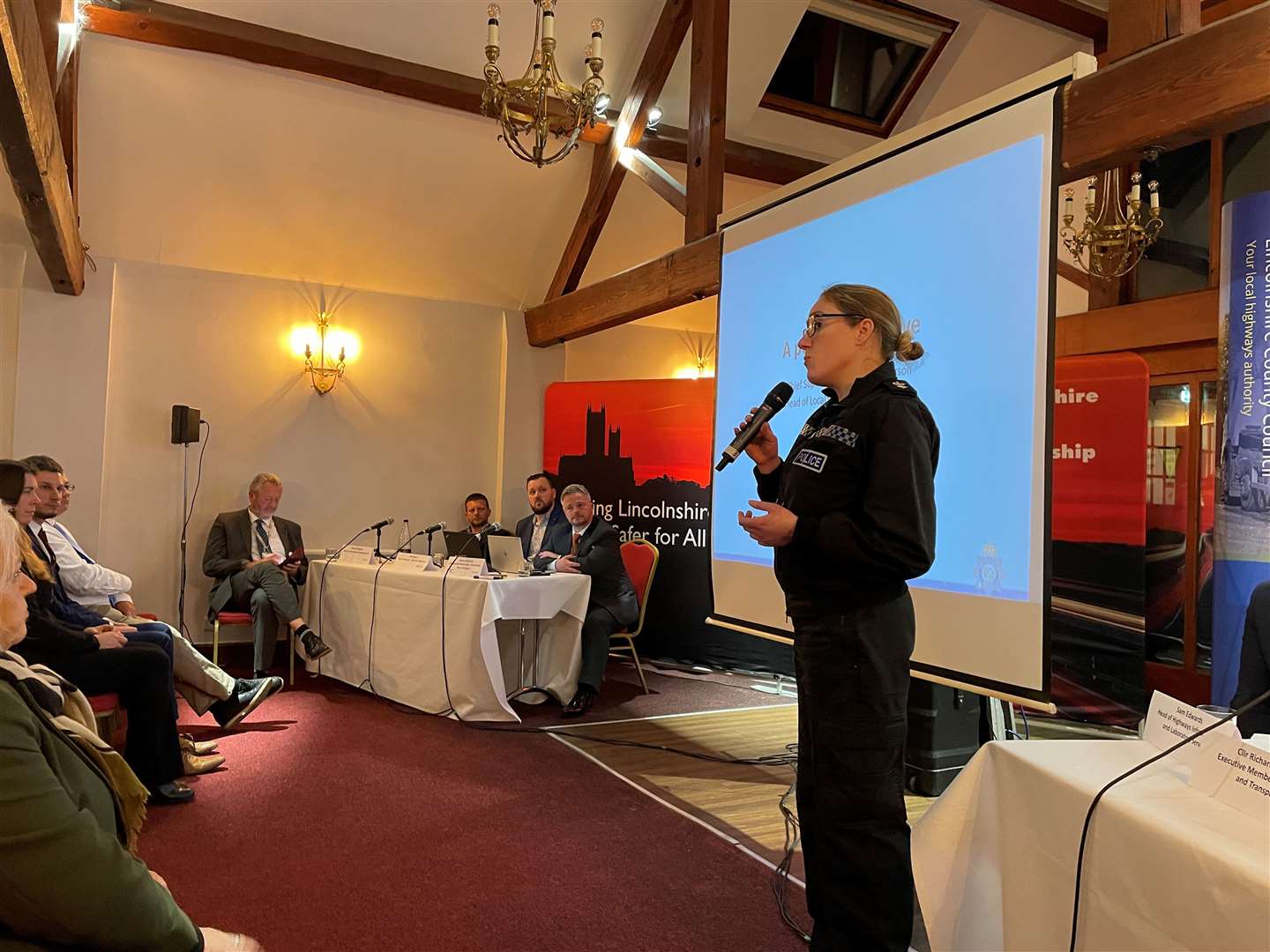 Chief Superintendent Kate Anderson addresses residents on policing challenges and A1 road safety concerns. Photo: Daniel Jaines