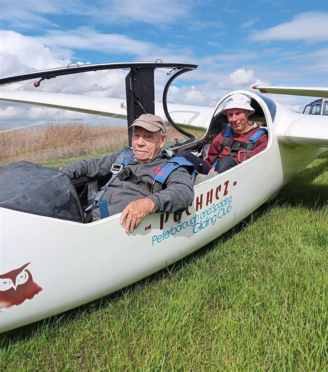 Neville Robinson, 95, has no plans to retire from gliding at Peterborough and Spalding Gliding Club. He is pictured with Paul Davey