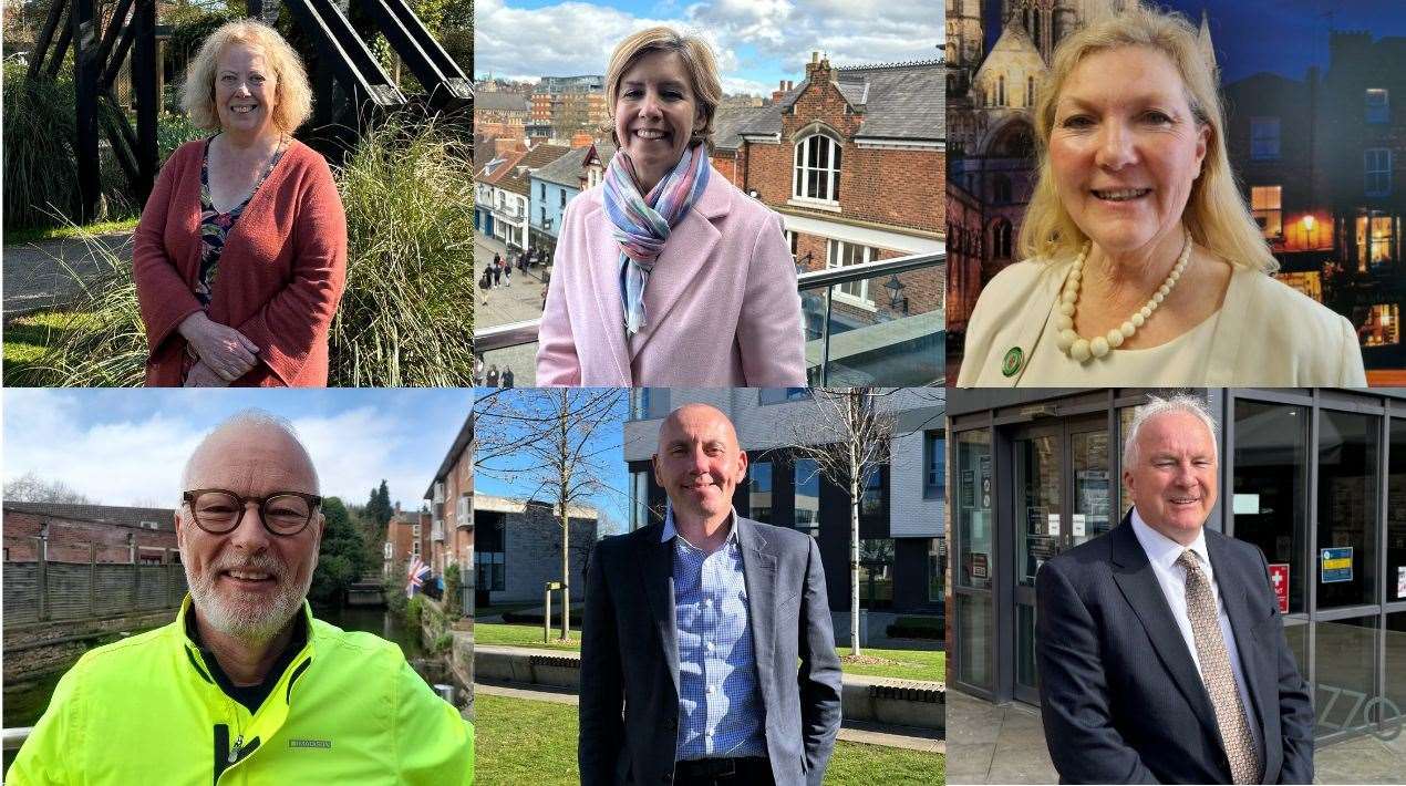 Candidates standing in the Greater Lincolnshire mayoral elections. Top from left, Sally Horscroft – Green Party; Andrea Jenkyns – Reform UK; Marianne Overton – Lincolnshire Independents, and bottom, Jason Stockwood – Labour; Rob Waltham – Conservative; Trevor Young – Liberal Democrat