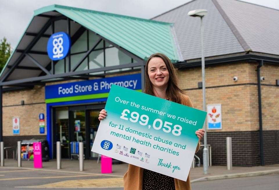 Lincolnshire Co-op community co-ordinator Danielle Budworth with the grand total raised for a number of mental heath and domestic abuse charities. Photo by Chris Vaughan Photography for Lincolnshire Co-operative.