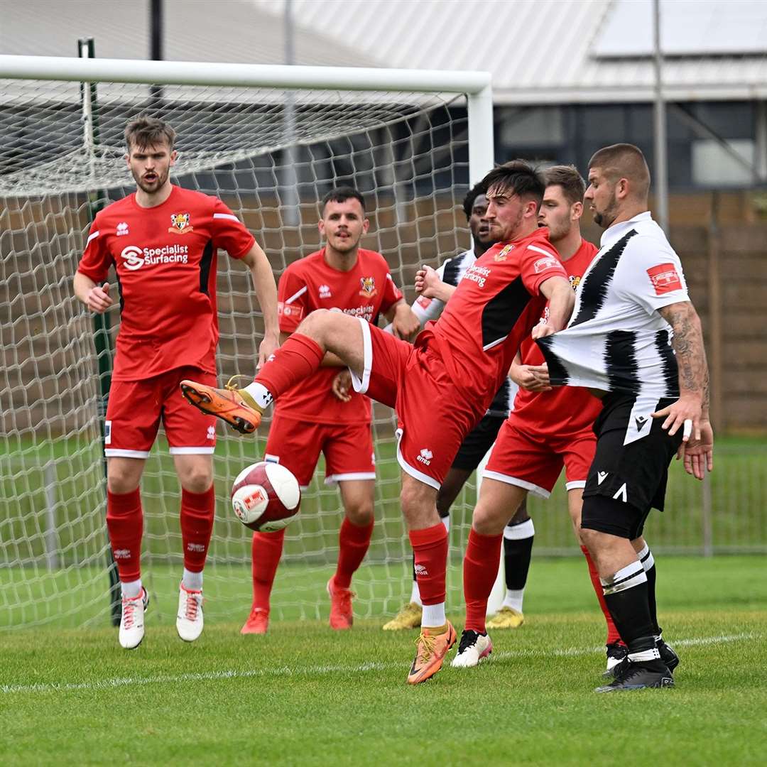 Action from Grantham Town's home defeat to Bridlington on Saturday. Photo: Toby Roberts