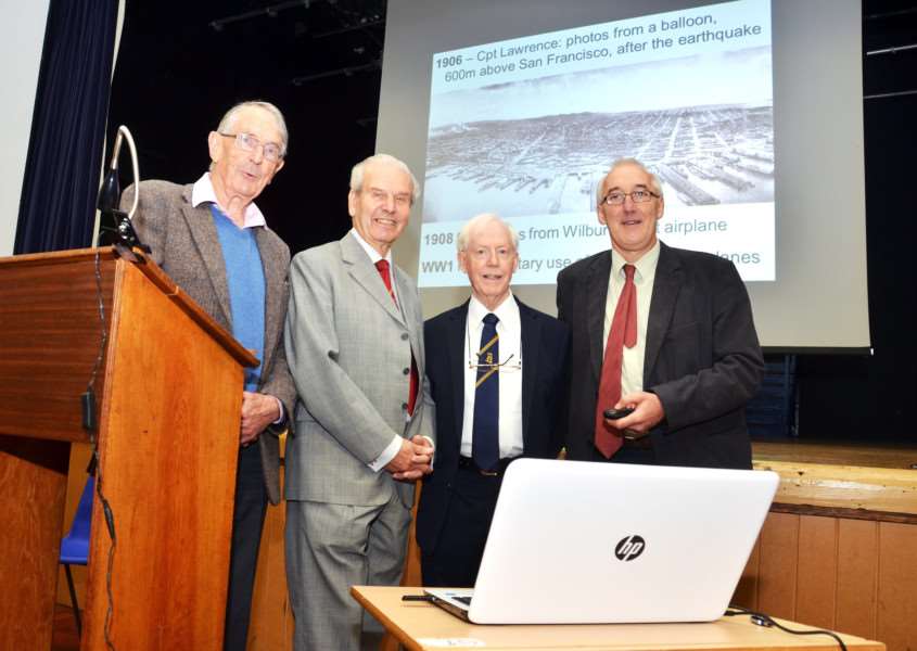 OLD SCHOOL: Dr Richard Teeuw (right), principal lecturer in applied geomorphology and remote sensing at Portsmouth University, at Spalding Grammar School for the Spalding Gentlemen's Society Public Lecture, with (from left) Professor Michael Chisholm, Tom Grimes and Colin Baslington. Photo by Tim Wilson. SG201017-139TW.