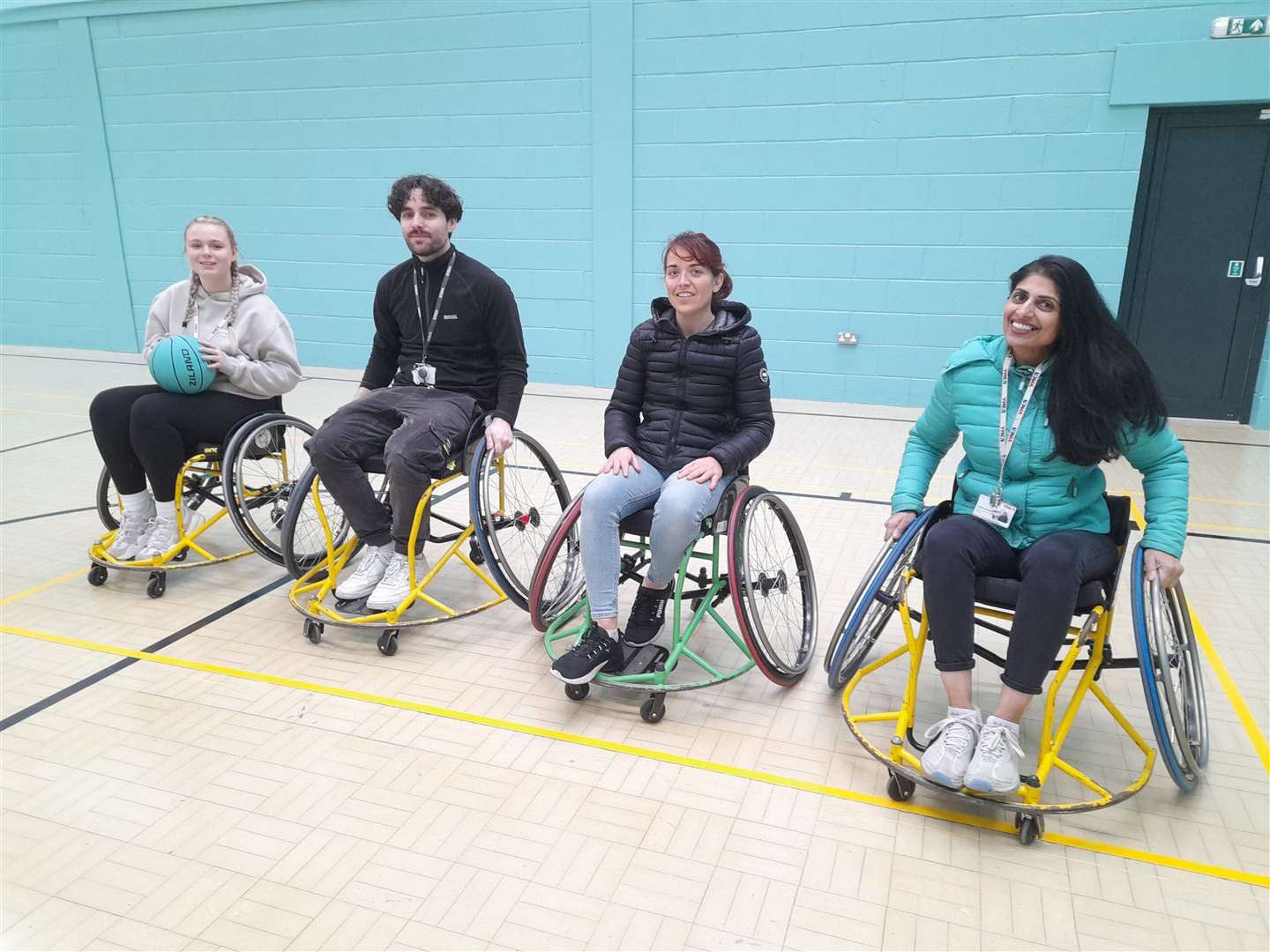 Wheelchair basketball will be available to all at the new Lincoln YMCA Centre. From left: Maya Bailey (youth worker), Leo Copsey (youth manager), Natalie Ray (youth worker), and Sarita Drinkell (deputy youth manager). Photo: LDRS