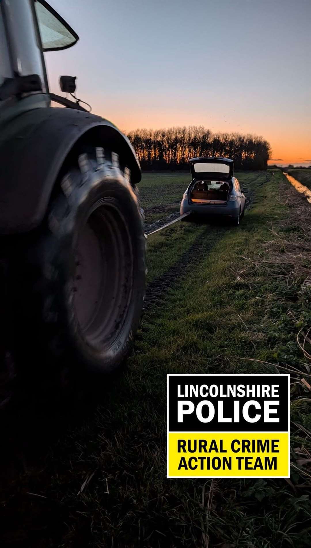 A tractor tows away a suspected hare courser's car in Donington PHOTO: LINCOLNSHIRE POLICE RURAL CRIME ACTION TEAM