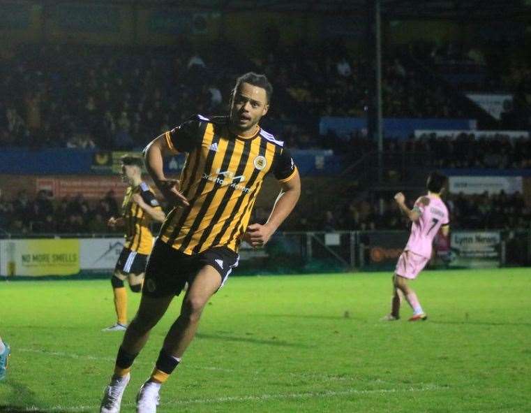 Tre Mitford celebrates scoring on his debut for Boston United in the New Year's Day defeat at King's Lynn in 2023. Photo: Oliver Atkin