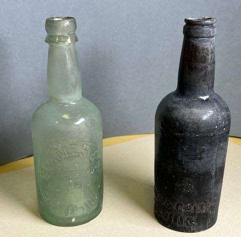 Bottles bearing the hallmarks of Soames and Co, Sleaford, Boston and Spalding. Probably used for mineral water, ginger ale and beer.