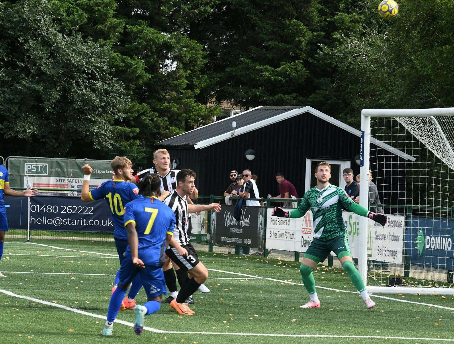 Tyler Winters sends a header over the St Ives crossbar. Photo: Adrian Smith