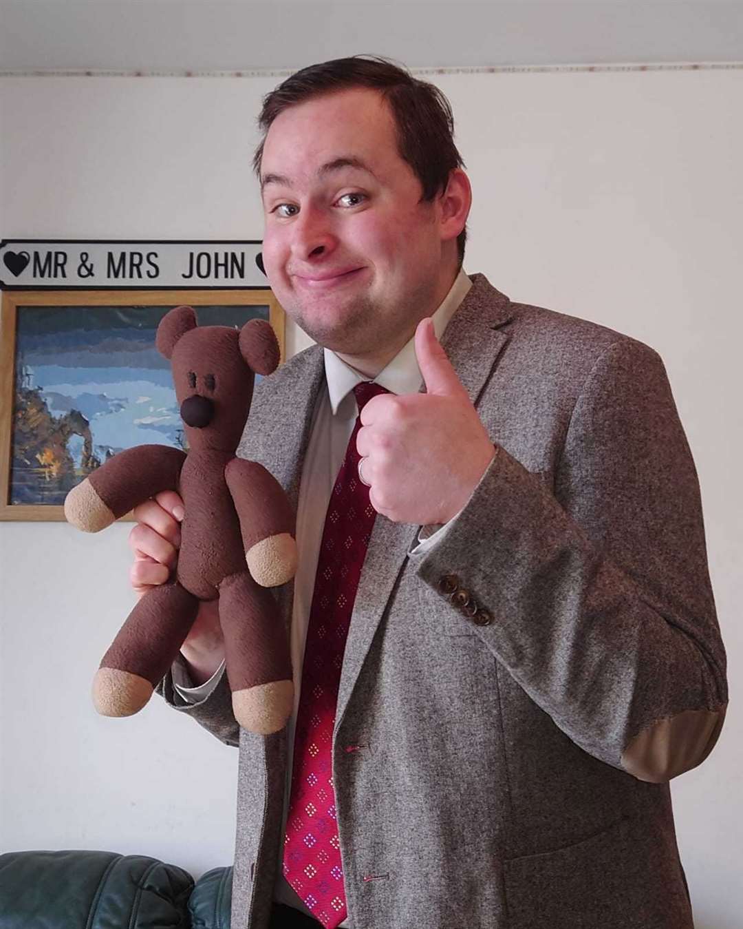 Mr Bean impressionist Lewis John dressed up as Mr Bean.