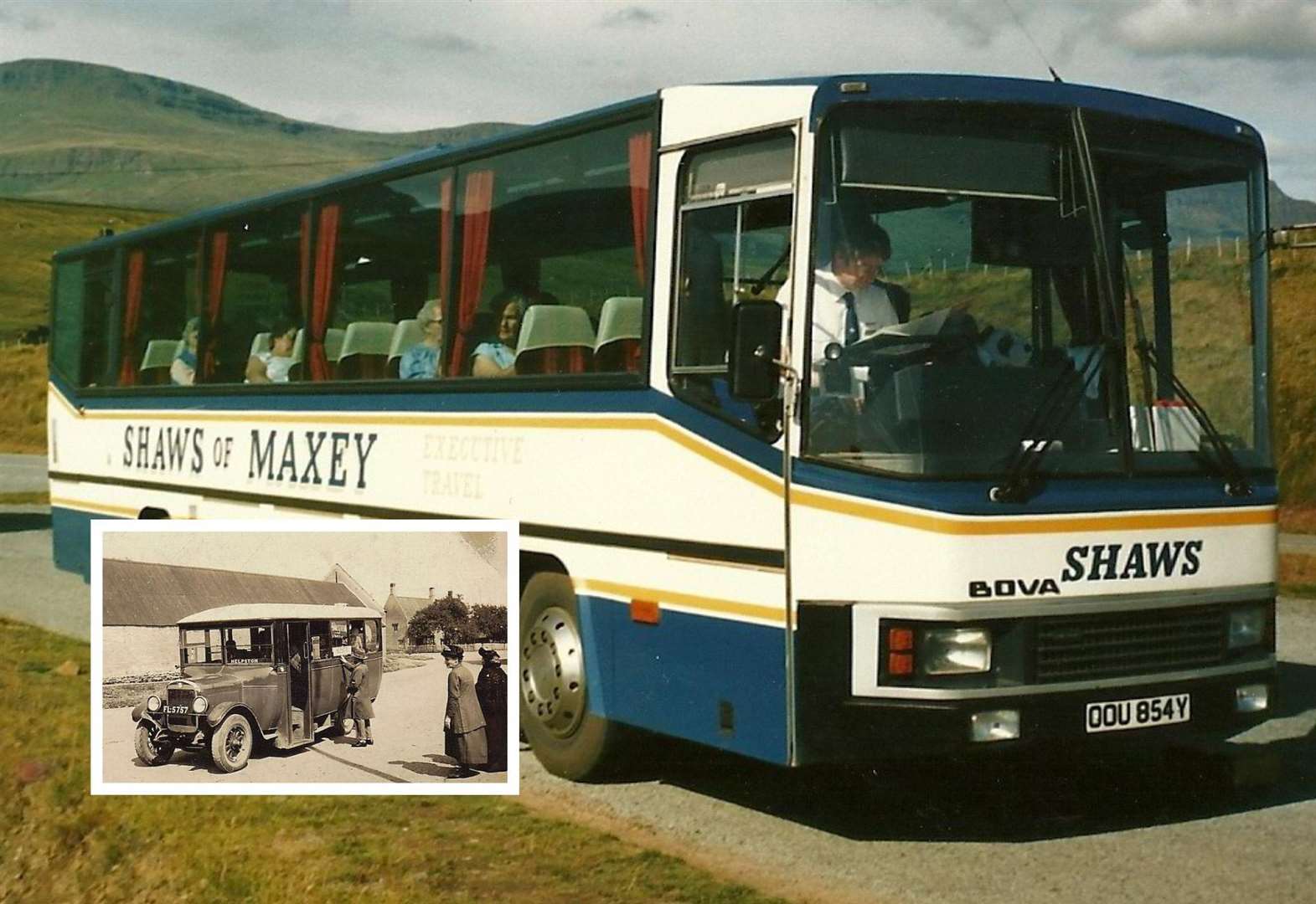 One of the early buses and a coach from the 1980s being driven by Les Staniforth