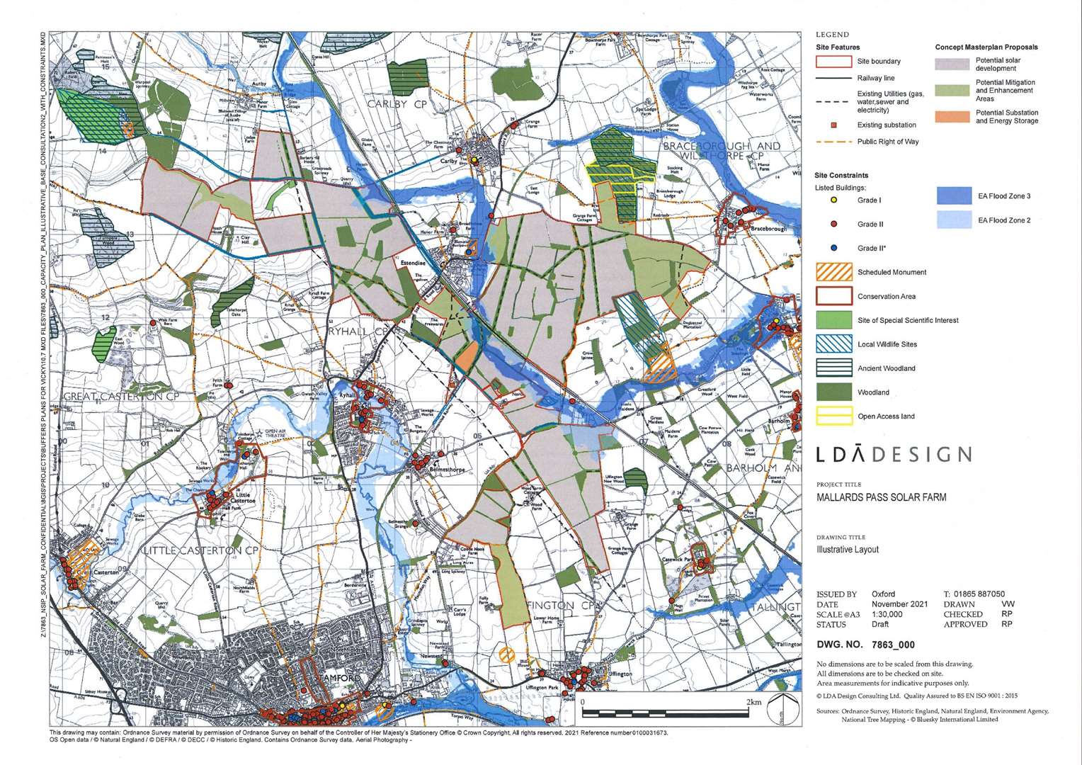 A map indicating the extent of the Mallard Pass solar farm. Image: LDA Design Consulting / contains Ordnance Survey data