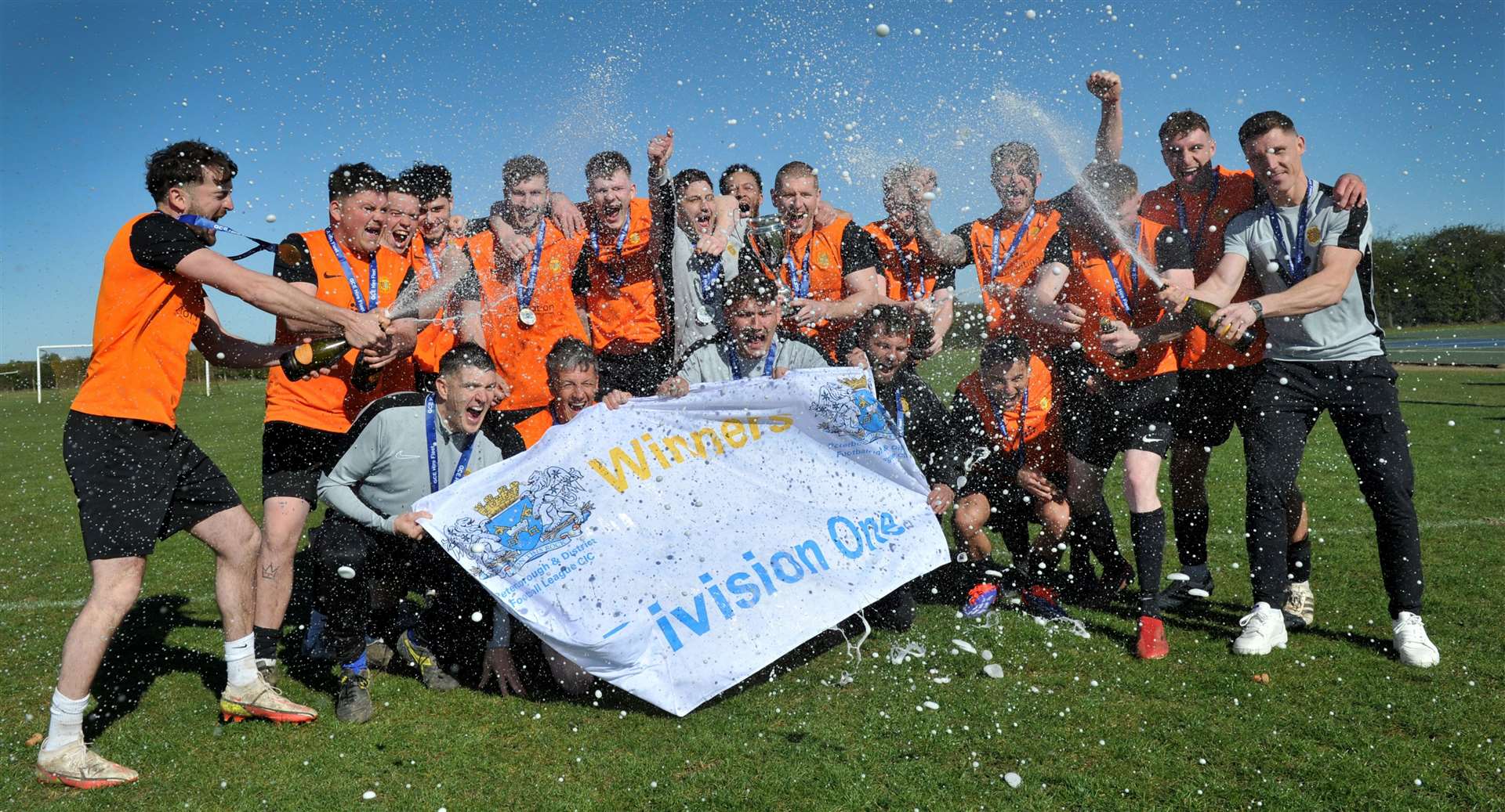 Stamford Belvedere celebrate winning the Peterborough League Division One title. Photo: Chris Lowndes