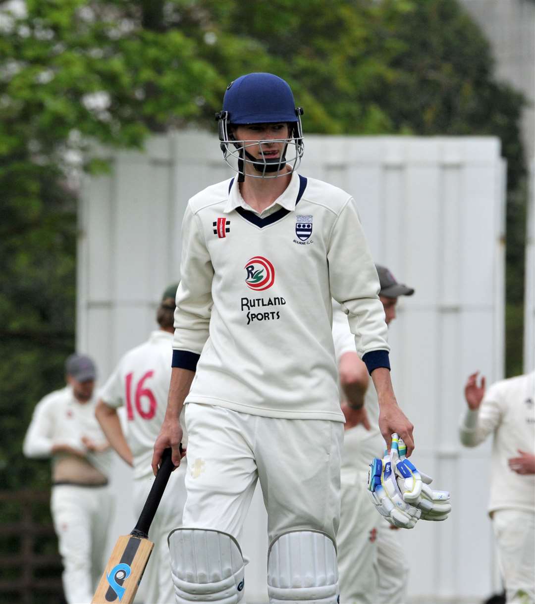Henry Brewster of Bourne 2nds after being dismissed. Photo: Chris Lowndes